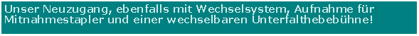 Textfeld: Unser Neuzugang, ebenfalls mit Wechselsystem, Aufnahme fr Mitnahmestapler und einer wechselbaren Unterfalthebebhne!